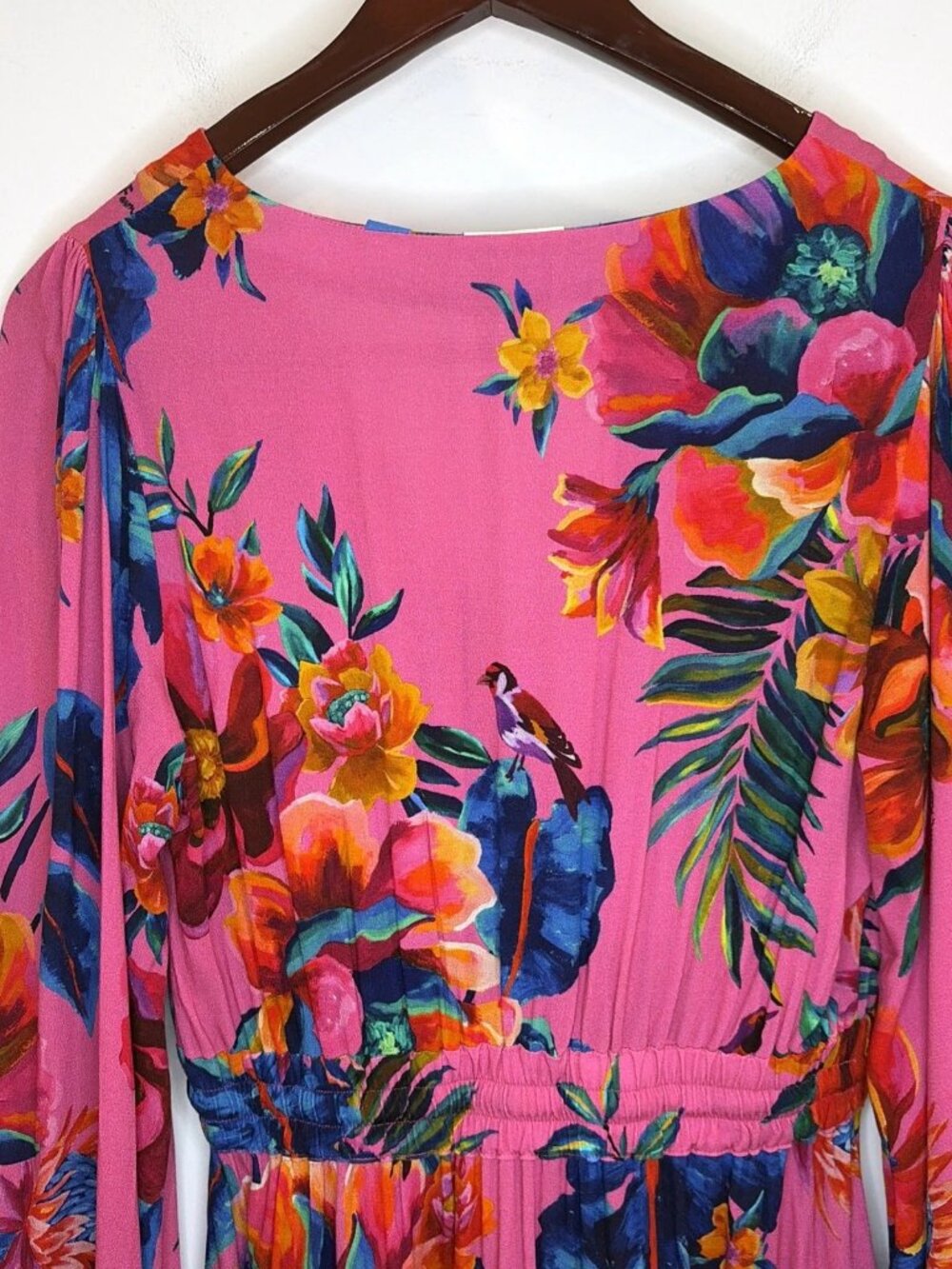 Farm Rio Anthropologie Midi Dress S Long Sleeve Floral Boho Tropical Pink Resort - Picture 8 of 16